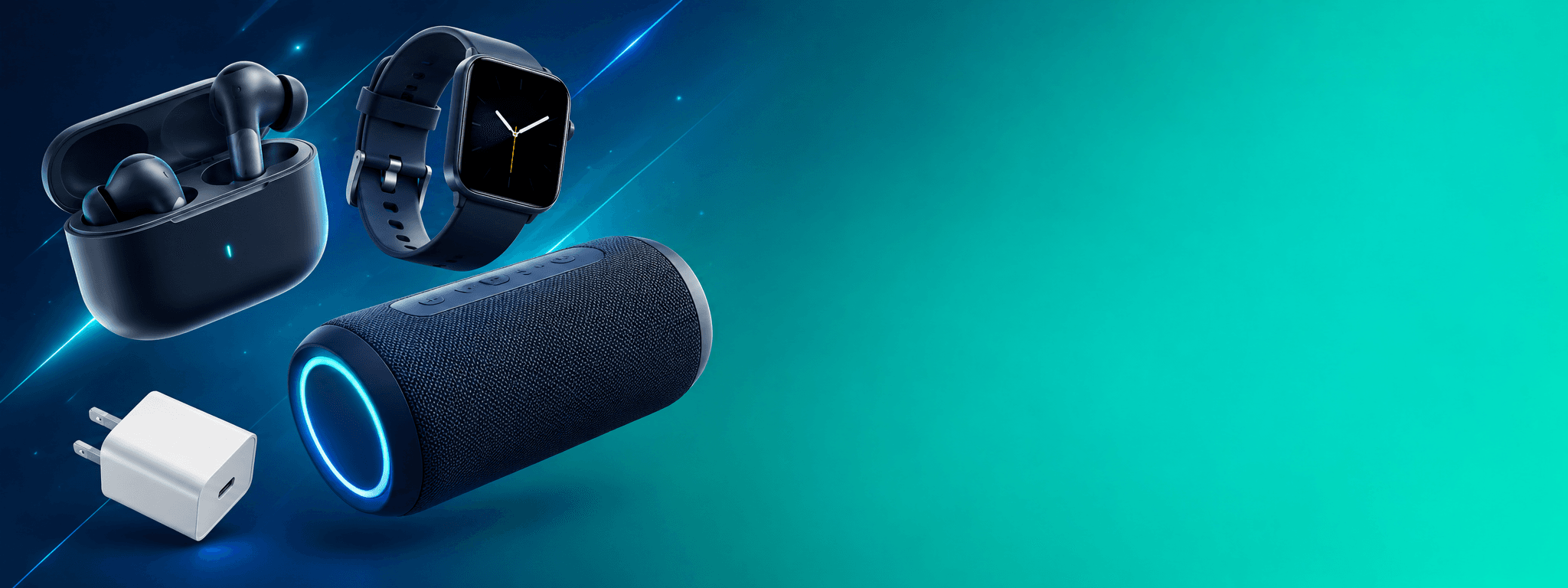 Audifonos inalambricos, smartwatch, parlante bluetooth y cargador